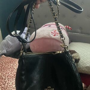 Coach Black Leather Shoulder Bag with Gold Accents